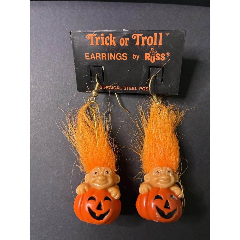 VTG Halloween Troll Doll Earrings RUSS Pumpkin Jack O Lantern Pierced Dangle y2k